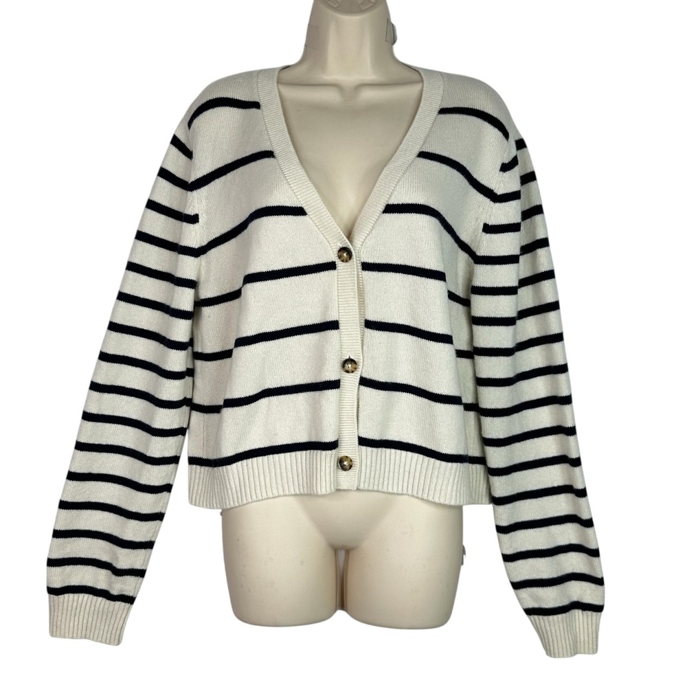 La Ligne Cashmere Cardigan XL Ivory Black Stripe Button Front Luxury Soft Knit
